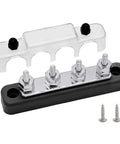Heavy Duty Nickel Plated Brass Bus Bar With Heat Resistant Lid And M5 Studs Zero Sweat Wire Routing For Car Audio Marine Amp Power Junction Block Setup Black Finish with transparent lid.