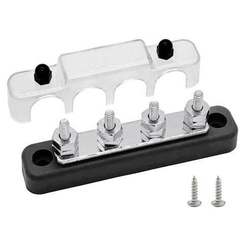 Heavy Duty Nickel Plated Brass Bus Bar With Heat Resistant Lid And M5 Studs Zero Sweat Wire Routing For Car Audio Marine Amp Power Junction Block Setup Black Finish with transparent lid.