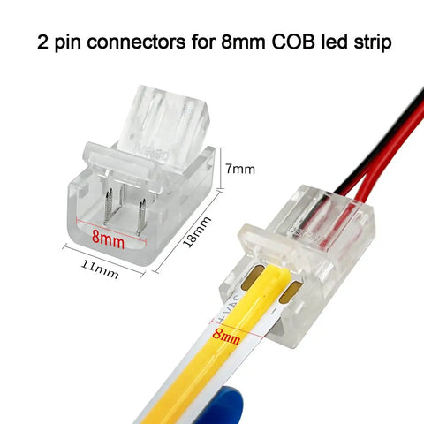 12 Pack 8mm COB LED Strip Light Connectors 2 Pin Solderless Transparent Adapter With Wire for LED Tape