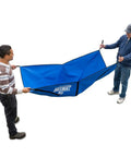 Two men holding a blue MixMat, an Ultra Fast Mixing Tool For Concrete Cement Mortar And Soil, Portable And Easy To Clean, open.