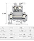 Front view of DIN Rail Terminal Block 10 Pack Double Deck Screw Clamp With Adjustable Pressure Spring Loaded Brass Contacts For 24 To 12 AWG Wire Pro Grade Industrial Electrical Terminal Kit with dimensions and specifications.