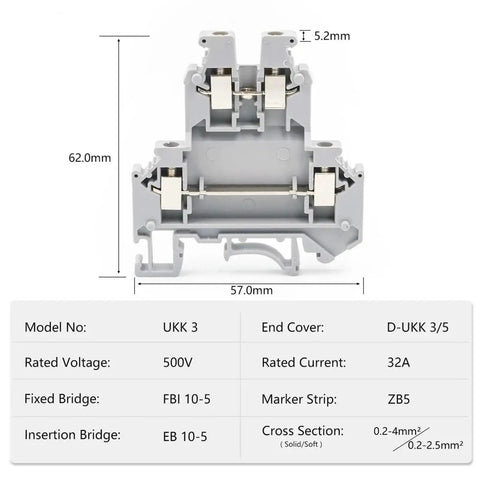 Front view of DIN Rail Terminal Block 10 Pack Double Deck Screw Clamp With Adjustable Pressure Spring Loaded Brass Contacts For 24 To 12 AWG Wire Pro Grade Industrial Electrical Terminal Kit with dimensions and specifications.