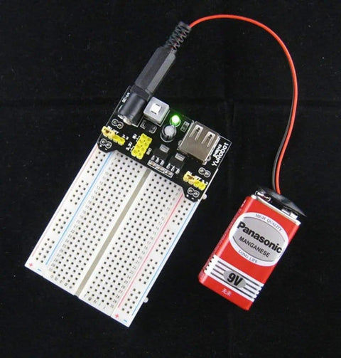 Dual 3.3V and 5V Power Supply Module for MB102 Breadboard Prototyping USB or 6.5 to 9V DC Input Under 700mA Max Output connected to battery