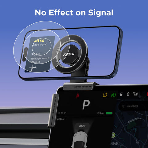 Tesla Model 3 And Y MagSafe Car Mount With Ultra Strong Magnetic Hold For iPhone 17 16 15 14 13 Pro Max Compatible Center Console Phone Holder With A Rock Solid Grip And Easy Install On The Corner Of Your Screen displaying clear 5G signal.