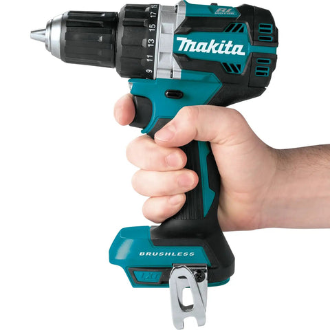 Top Shelf 18V Lithium Ion Brushless Drill Driver With Electric Brake Led Work Light And 21 Torque Settings Badass Keyless Chuck Variable Speed Trigger Is Hella Smooth For Deck Building Or Drywall Renovation Projects Tool Only, held in hand with focus on control features.