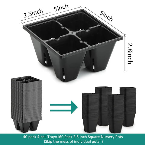 40 Pack Reusable 4 Cell Seed Starter Trays For Seedlings With Drainage Holes Deep Cells For Fast Germination in black plastic