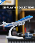 1/400 KLM 747 Model Plane - 6 Inch Display Ready With Prebuilt Landing Gear on stand, side view.