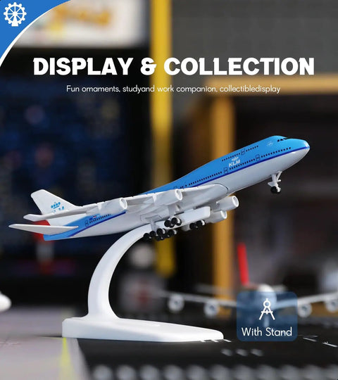 1/400 KLM 747 Model Plane - 6 Inch Display Ready With Prebuilt Landing Gear on stand, side view.