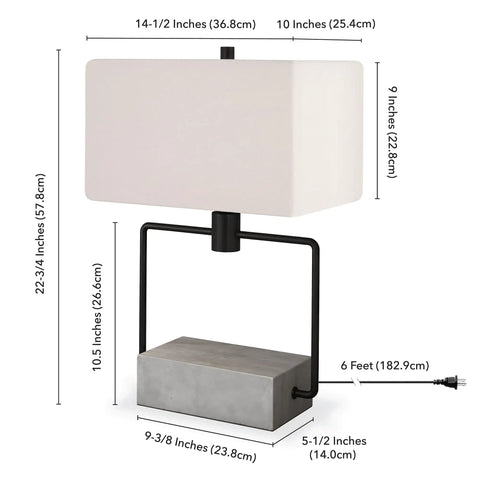 22-Inch Modern One-Light Table Lamp With White Rectangle Fabric Shade In Concrete And Blackened Bronze Finish, dimensions labeled
