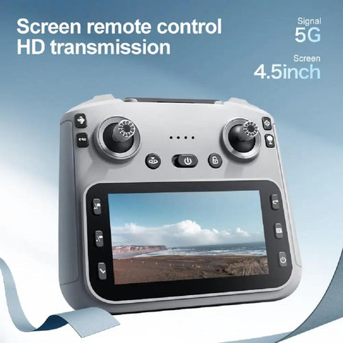Close-up of GPS Drone With 4.5 Inch Screen Controller and Live HD Video Transmission display showing aerial landscape.