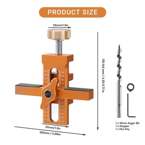 Cabinet Door Mounting Jig With Adjustable Positioner Aluminum Alloy Cabinet Hardware Jig shown in orange with measurements