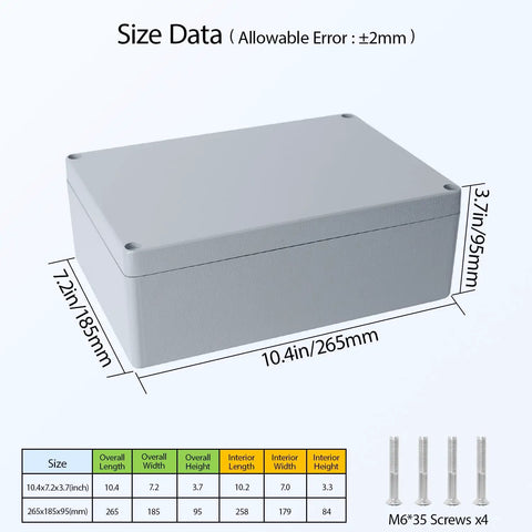 Rugged Outdoor Aluminum Electrical Junction Box IP67 Waterproof Dustproof Enclosure Built For Tough Outdoor Use Gray 10.4 By 7.2 By 3.7 Inches 265 By 185 By 96 mm Durable Weatherproof Project Box with size chart and screws