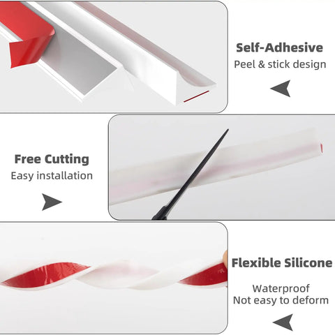Close-up of 78 Inch Collapsible Shower Threshold Water Dam Barrier showing self-adhesive back, flexible silicone, and cutting detail.