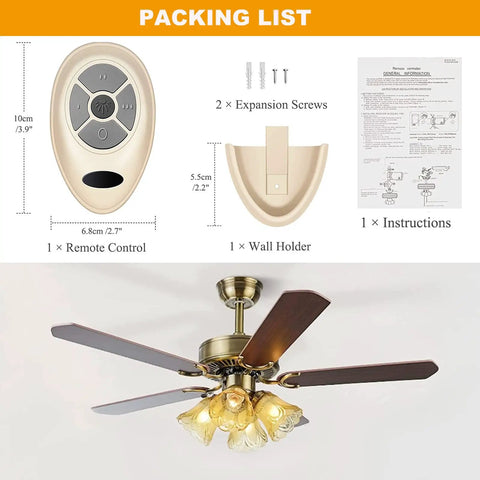 Ceiling Fan Remote Control Replacement With Three Speed Settings And Light Dimmer Learn Key 3039MHz Includes Wall Holder shown with packaging.
