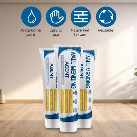 Fast Drying Drywall Patch Repair Kit For Holes And Cracks Easy DIY Friendly Wall Mending Paste For Nail Holes Dents And Small Damage No Mess Finish Ready To Paint 1 Piece tubes on wood floor with icons above