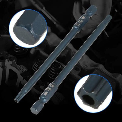 Get The Goods With These 10 Pieces Of 100mm T25 Security Screwdriver Bits Kit That Rock 1/4 Hex Shank Made From Tough S2 Steel Rust Proof And Totally Radial Torque Ready For Pro Drills And DIY Jobs. 100mm T25 security bits, S2 steel, blue oxide finish, 1/4 hex shank, close-up