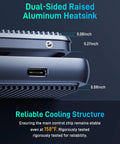 Close-up of Dual Beast USB4 To NVMe SSD Enclosure showing dual-sided aluminum heatsink and cooling features.