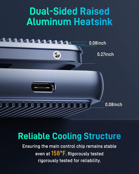Close-up of Dual Beast USB4 To NVMe SSD Enclosure showing dual-sided aluminum heatsink and cooling features.