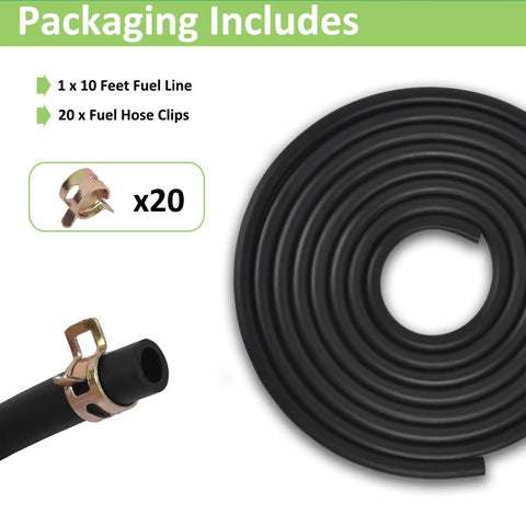 Three Sixteenth Inch ID Fuel Line Hose Ten Feet Long For Small Gas And Diesel Engines And Generators with 20 Clamps