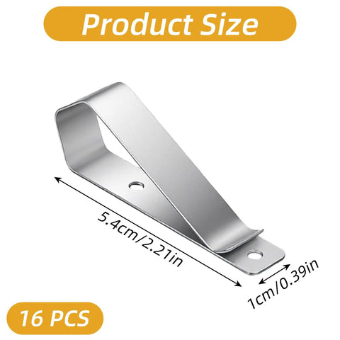 Universal Stainless Steel Garage Door Opener Clip And Sun Visor Clip Replacement dimensions shown, 16 pcs pack.