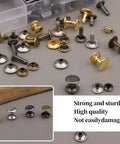 DIY Leather Rivet Kit 240 Sets Tubular Double Cap Rivets in gold, silver, brown, black with storage box and detail view.
