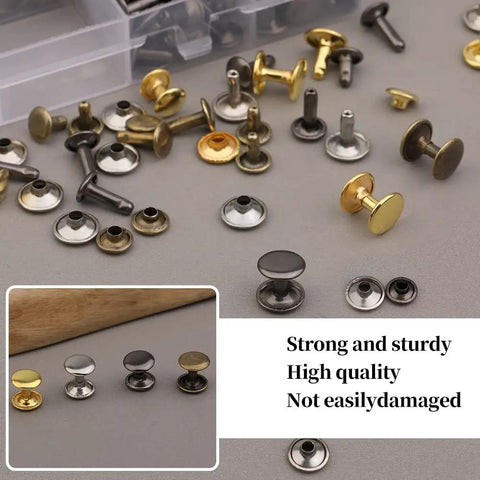 DIY Leather Rivet Kit 240 Sets Tubular Double Cap Rivets in gold, silver, brown, black with storage box and detail view.