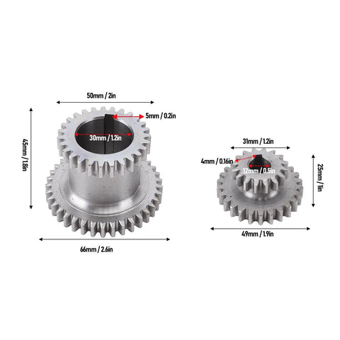 Workhorse Grade Metal Gear Set Featuring High Low Speed Duplicate Gears Built Tough For Rock Solid Performance On 0618 7x12 7x14 Mini Lathe Mill Upgrades, showing two metal gears with dimensions.