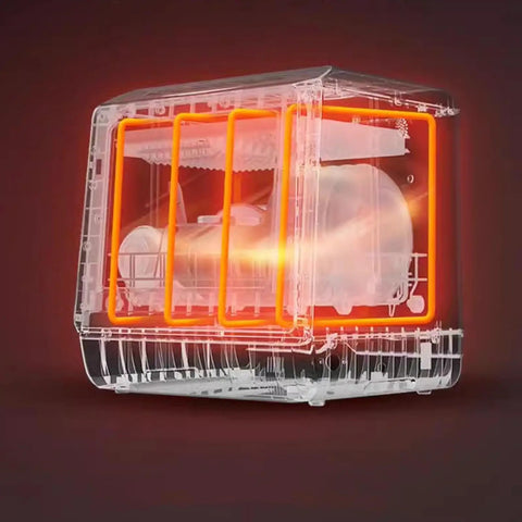 Transparent compact countertop dishwasher fully automatic no plumbing needed, showcasing triple filter and large plate capacity.
