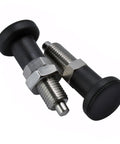 M20 Stainless Steel Reset Knob Spring Plunger With Secure Locating Pin And Heavy Duty Push Button Latch Mechanism For Grease Monkey Garages And Straight Shot Diy Hardware Jobs Rust Proof Build, close-up view of spring plungers.