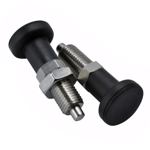 M20 Stainless Steel Reset Knob Spring Plunger With Secure Locating Pin And Heavy Duty Push Button Latch Mechanism For Grease Monkey Garages And Straight Shot Diy Hardware Jobs Rust Proof Build, close-up view of spring plungers.