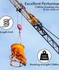 Crane lifting an orange hoppers, showing 165ft rope length and 1700lbs breaking strength performance.