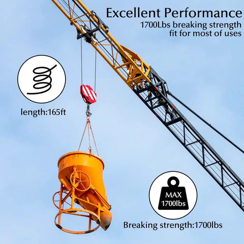 Crane lifting an orange hoppers, showing 165ft rope length and 1700lbs breaking strength performance.