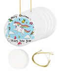 Bulk Pack Of 12 Sublimation Ceramic Ornaments 2.83 Inch Round White Gloss Finish Blank Hanging Ornaments next to decorated one with unicorn