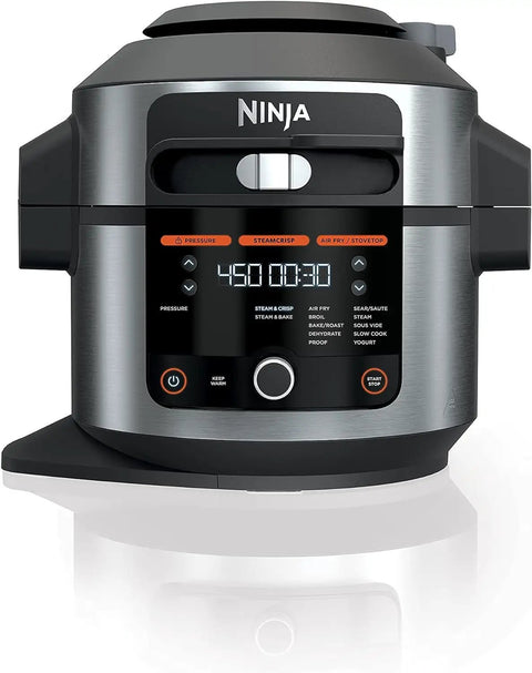 Front view of Ninja Foodi pressure cooker featuring controls for Replacement Steam Release Handle Valve For Ninja Foodi OL500 OL601 OL701 6.5 Qt And 8 Qt Pressure Cooker High Temperature Resistant Odorless Safety Vent Valve Easy Install Durable Metal Construction Fits Original Specs