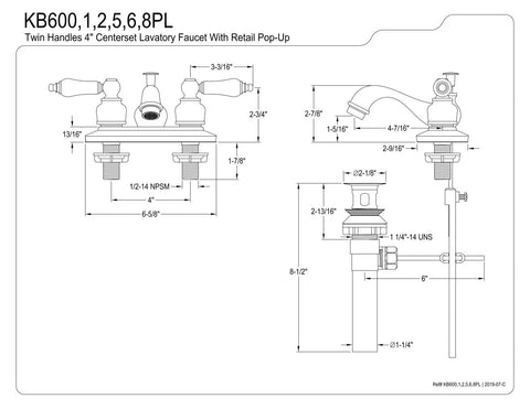 Technical drawing of Restoration 4 Inch Centerset Lavatory Faucet With Porcelain Lever Handle In Polished Chrome Built To Last