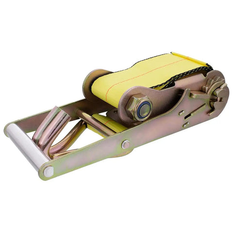 Yellow 3-inch ratchet tie down strap with zinc double J hooks, 27 feet long, for secure hauling, 5,000 pound load limit