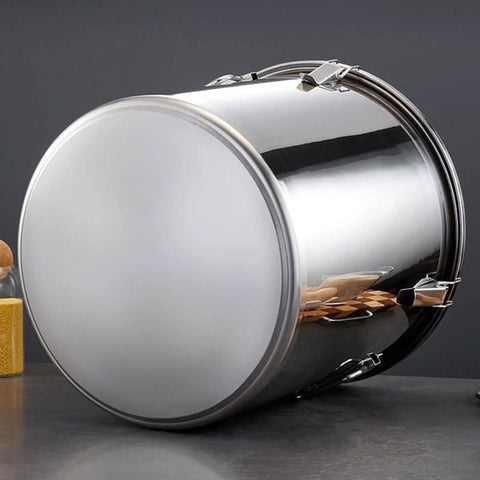 Premium Heavy Duty 304 Stainless Steel Airtight Grain Storage Bucket Keeps Rice Flour Sugar And Coffee Beans Fresh No Sweat Pantry Workhorse 26 Gallon Bulk Stash Canister shown from a side angle, highlighting the large size and shiny surface.