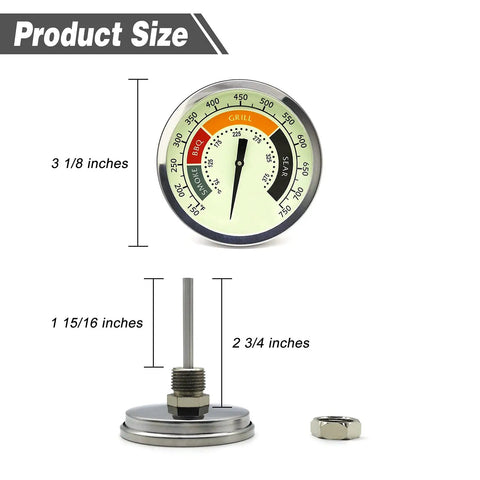 Three And One Eighth Inch Luminous BBQ Thermometer Gauge Replacement For Smokers And Grills, Half NPT Male Thread, product size diagram