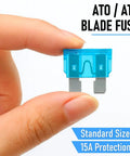 Premium 15 Amp Atc Ato Blade Fuse With 14 Awg Inline Fuse Holder Harness Kit For Cars Trucks Boats And Marine Applications Dual Voltage Water Resistant Cap Two Pack Badass Performance Wiring held between fingers
