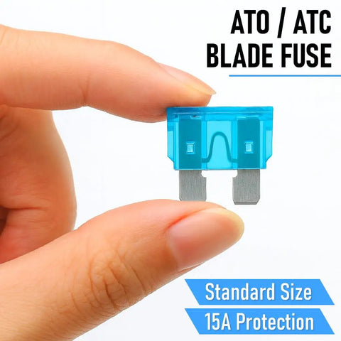 Premium 15 Amp Atc Ato Blade Fuse With 14 Awg Inline Fuse Holder Harness Kit For Cars Trucks Boats And Marine Applications Dual Voltage Water Resistant Cap Two Pack Badass Performance Wiring held between fingers