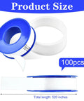 100 Rolls PTFE Teflon Tape 1/2 Inch By 520 Inch Plumber Tape Waterproof Sealant, blue and white spool showing product size