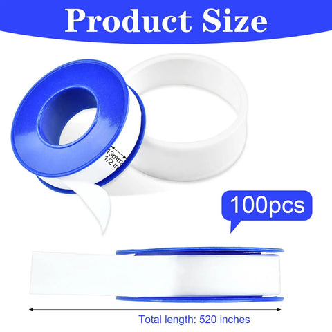100 Rolls PTFE Teflon Tape 1/2 Inch By 520 Inch Plumber Tape Waterproof Sealant, blue and white spool showing product size