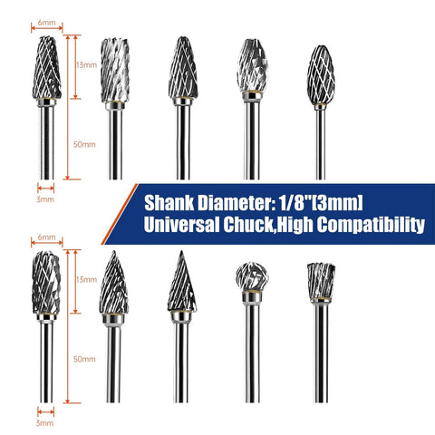 10-piece carbide burr set for rotary tools, 1/8 in shank, double-cut, assorted shapes for metal wood stone carving
