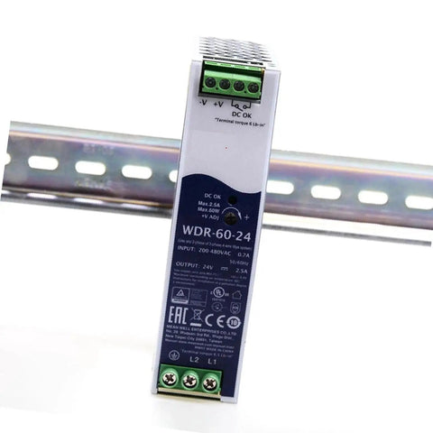 Heavy Duty Industrial Din Rail Power Supply 60 Watt 24 Volt 2.5 Amp shown mounted on a DIN rail for easy installation.