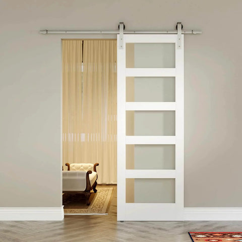 6Ft Sliding Barn Door Hardware Kit With Satin Nickel Track And Rollers, installed on 30 inch door, showing smooth operation