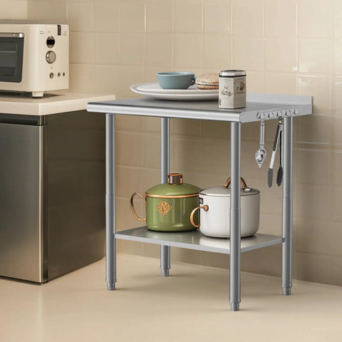 36 By 24 Inch NSF Stainless Steel Prep Table With Hooks And Three Stage Adjustable Shelf For Commercial Kitchen Or Workshop