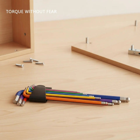 Durable S2 Alloy Steel Hex Key Set With Multicolor Allen Wrenches For Furniture Assembly And Mechanical Repair Tasks That Never Slip Or Bend The Best 9-Piece Kit You Need To Get Stuff Done Fast. 9-piece color coded S2 steel hex key set on wood surface