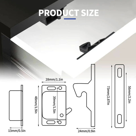 Diagram of Locking Drawer Latches for RV Cabinet Doors, 4 Pack, with dimensions and side view of latch in sleek design.