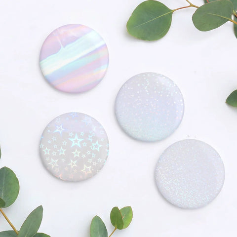 200 Piece Set For 2.25 Inch 58mm Button Makers Protective Film With Eight Glitter Styles, showing star and iridescent designs