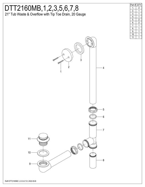 Diagram of 21-inch tub waste and overflow with tip toe drain components, showing part numbers and assembly for installation.